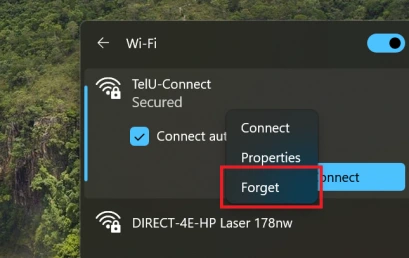 3. Klik kanan pada TelU-Connect, TelkomUniversity, atau Employee@TelkomUniversity dan pilih Forget.