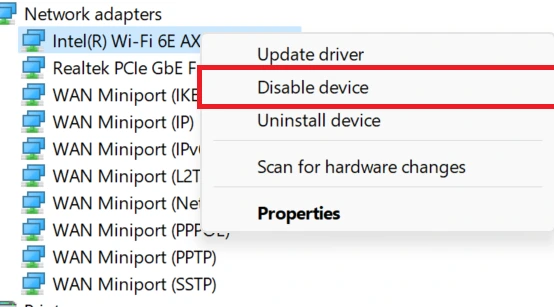 3. Pilih dan klik kanan pada WiFi driver yang ada (nama driver mungkin berbeda pada tiap perangkat), kemudian klik Disable device dan pilih Yes pada prompt yang muncul