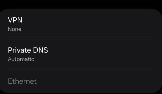 5. Untuk VPN disetting (NONE) dan Private DNS disetting (automatic)