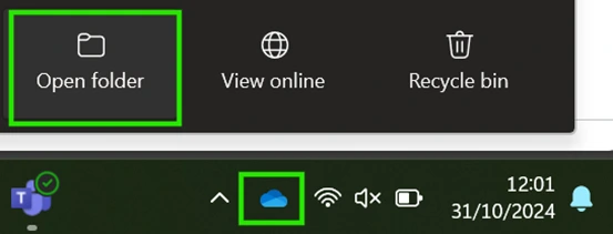 1. Klik icon “One Drive” pada taskbar PC lalu pilih Open Folder