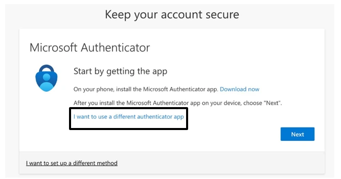 aplikasi Authenticator pada handphone kemudian pada halaman selanjutnya klik “I Want to use a different authenticator app”