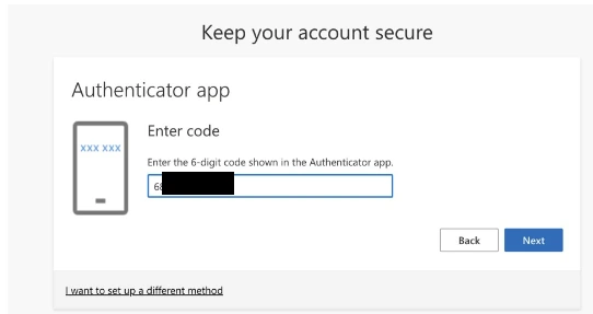 Input kode microsoft yang ditampilkan di aplikasi Google Authenticator pada kolom yang disediakan, kemudian pilih “Next”.webp