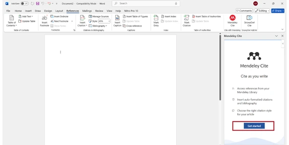 Setelah berhasil ditambahkan, buka Mendeley Cite dan pilih opsi ‘Get Started’. Setelah berhasil ditambahkan, buka Mendeley Cite dan pilih opsi ‘Get Started’.