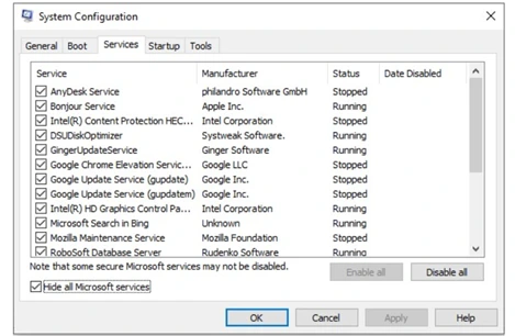Centang kotak Hide all Microsoft services untuk menyembunyikan layanan bawaan sistem. Centang kotak Hide all Microsoft services untuk menyembunyikan layanan bawaan sistem.