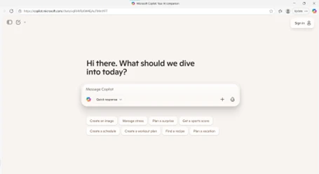 Buka situs https://copilot.microsoft.com menggunakan browser pilihan seperti Chrome, Firefox, atau Bing. Buka situs https://copilot.microsoft.com menggunakan browser pilihan seperti Chrome, Firefox, atau Bing.