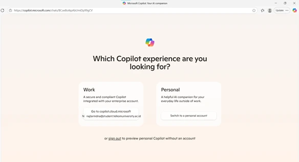 Setelah berhasil login, pilih opsi Work agar diarahkan ke tampilan utama Microsoft Copilot. Setelah berhasil login, pilih opsi Work agar diarahkan ke tampilan utama Microsoft Copilot.