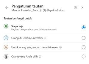 Pada bagian Salin Tautan, klik pengaturan akses seperti Siapa saja yang memiliki tautan dapat melihat untuk menyesuaikan hak akses. Pada bagian Salin Tautan, klik pengaturan akses seperti Siapa saja yang memiliki tautan dapat melihat untuk menyesuaikan hak akses.