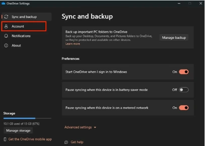 Dari jendela pengaturan OneDrive, pilih tab Account Dari jendela pengaturan OneDrive, pilih tab Account